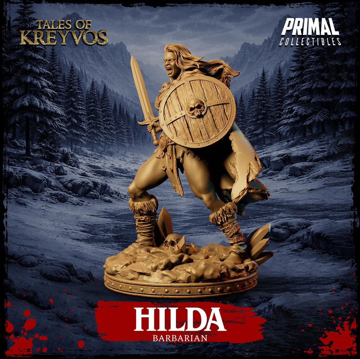 a bronze statue of a female warrior, Hilda, who is depicted as a barbarian.