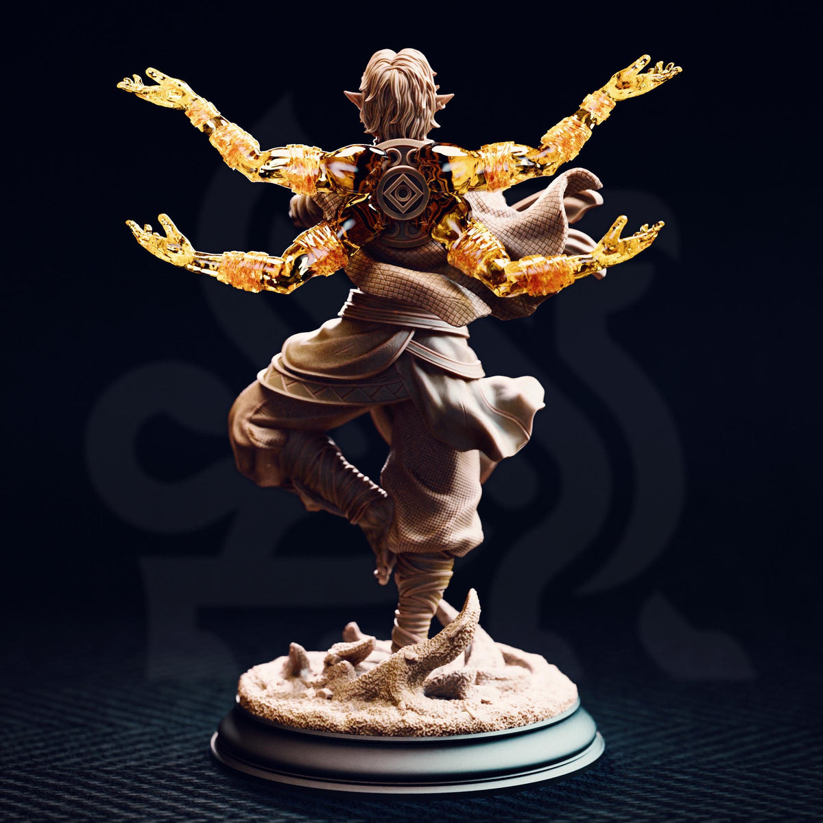 A statue of a figure with outstretched arms, wearing a robe and holding a staff, standing on a base.
