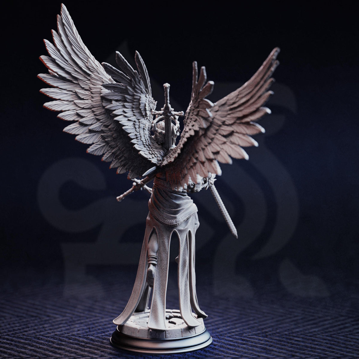 A detailed 3D model of a winged figure holding a sword and shield, standing on a pedestal against a dark background.