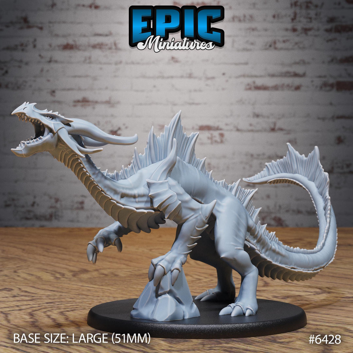 A large gray dragon figurine on a black base, with the text "EPIC MINIATURES" and "BASE SIZE: LARGE (511mm)" printed on it.