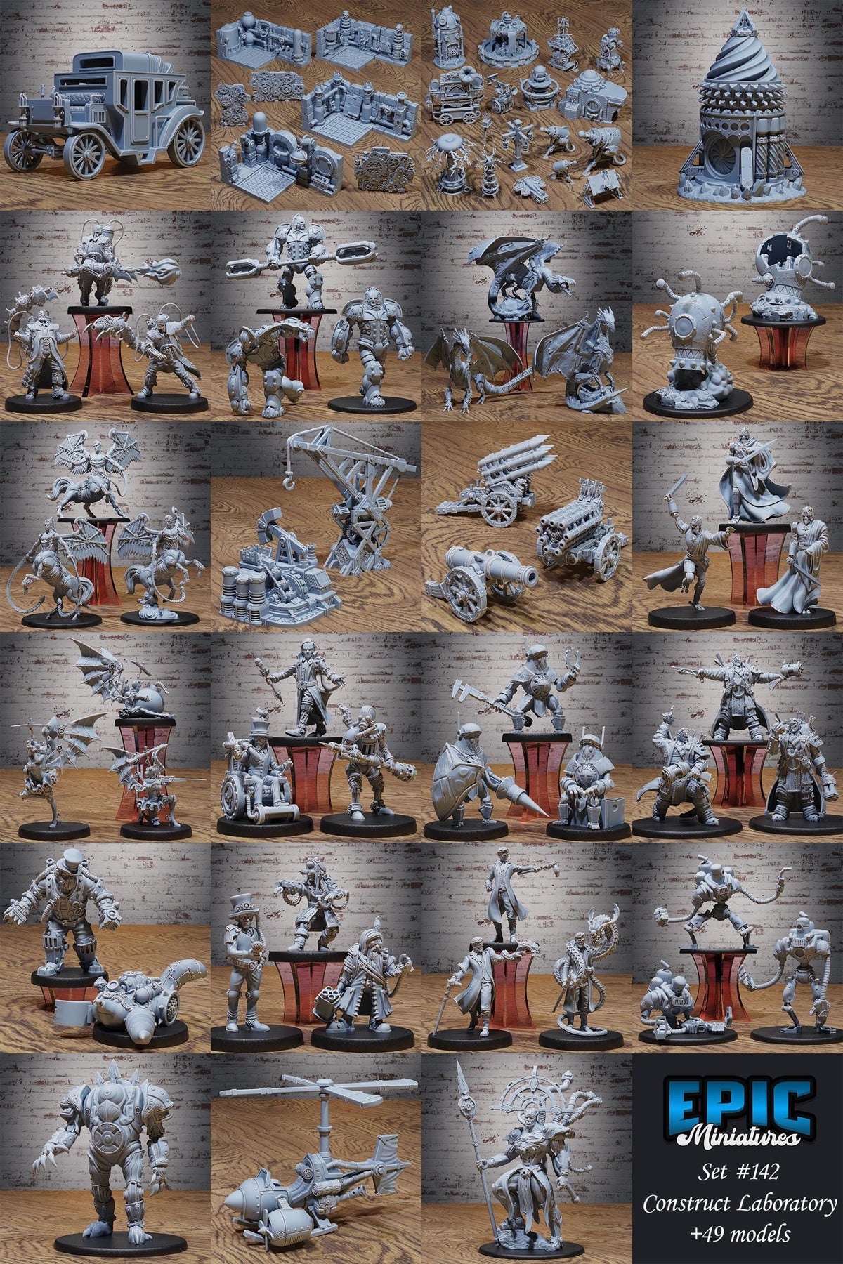 The image is a collage of various miniature figures and vehicles, likely representing a collection of models from the "Epic Miniatures Construct Laboratory" series.