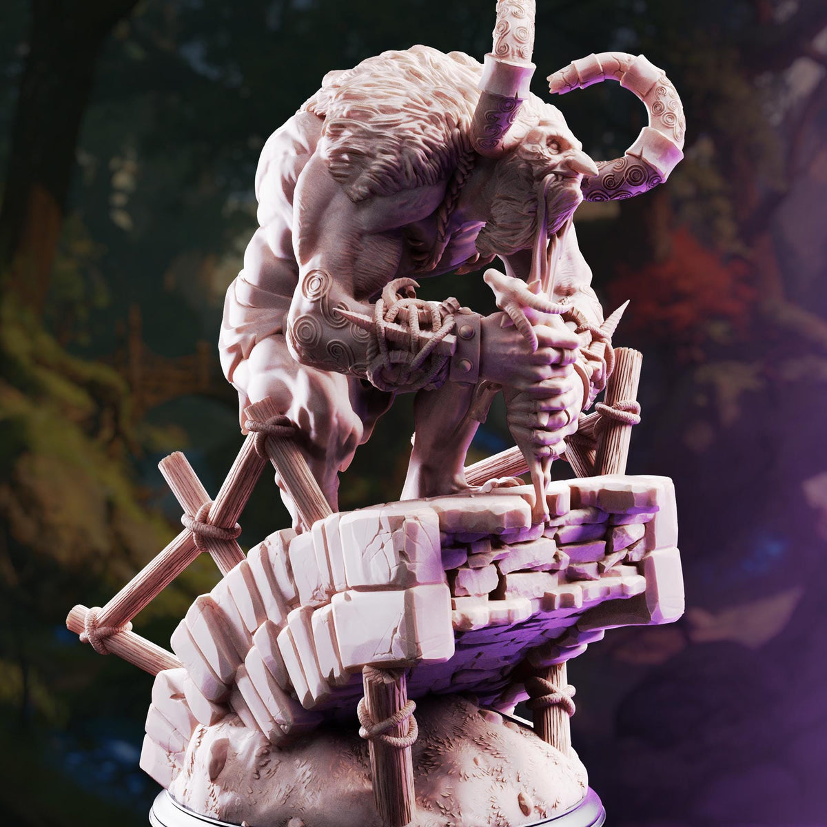 A detailed 3D model of a fantastical creature with horns and a muscular body, standing on a platform and holding a weapon.