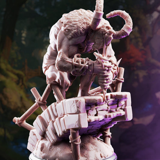 A detailed 3D model of a fantastical creature with horns and a muscular body, standing on a platform and holding a weapon.