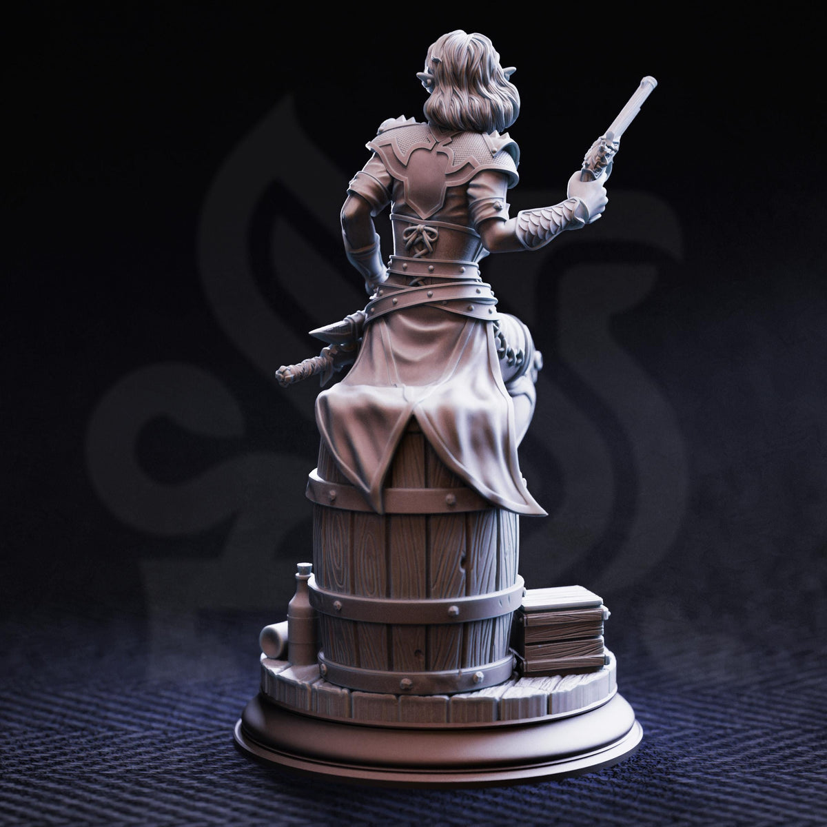 A 3D rendering of a female character with long hair, wearing a flowing dress and holding a sword, standing on a wooden barrel.