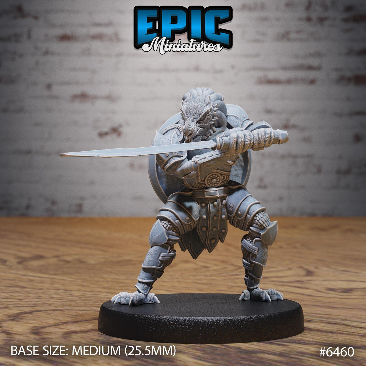 A figurine of a warrior-like character holding a sword and shield, standing on a black base.