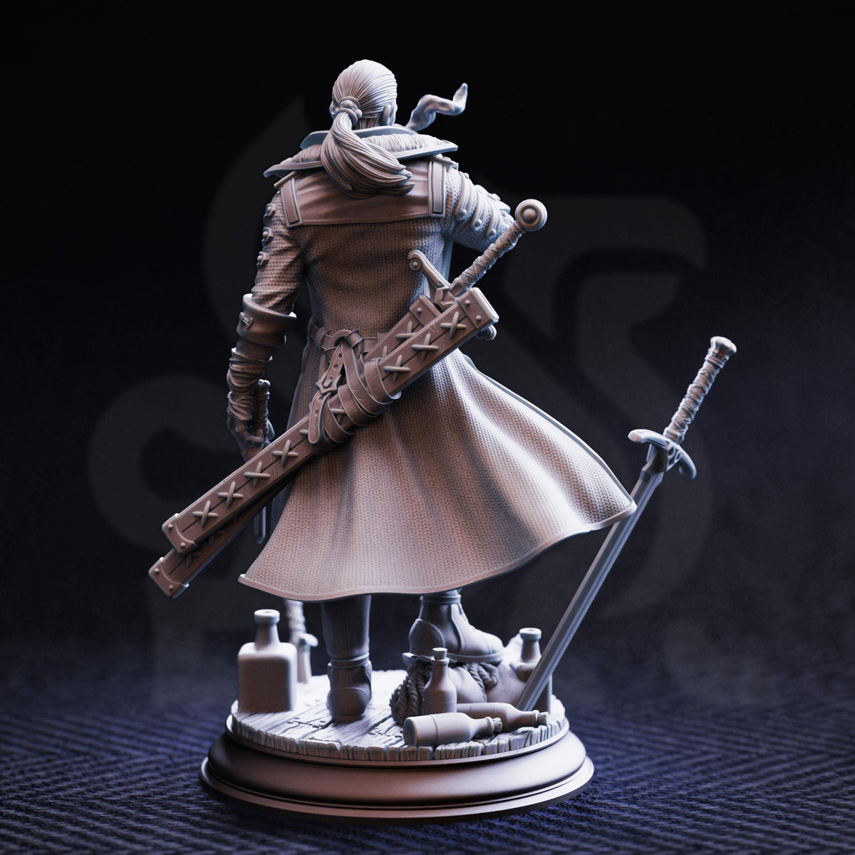 A detailed 3D model of a warrior figure, standing on a platform and holding a sword and shield.