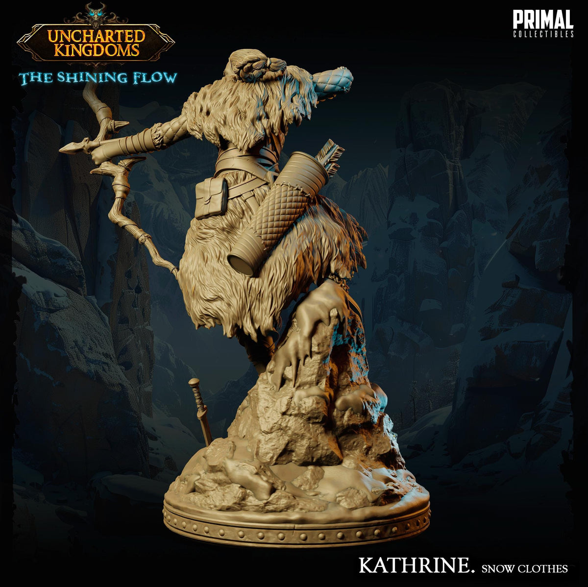 A 3D model of a fantasy character, likely a dragon or mythical creature, with a flowing, shaggy coat and a long, curved weapon. The character is standing on a rocky outcrop or base, and the background is dark and mysterious, with a hint of a cave or cave-like structure. The image is labeled "Kathrine. Snow Clothes" and is described as a "PRIMAL COLLECTION" and "UNCHARTED KINGDOMS: The Shining Flow".
