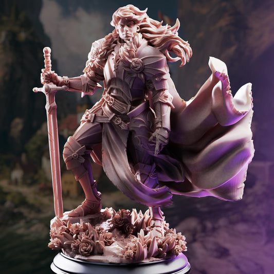 A detailed 3D model of a knight figure, standing on a pedestal and holding a sword. The knight is wearing a flowing cape and has long hair. The background is dark and features a landscape with trees and mountains.