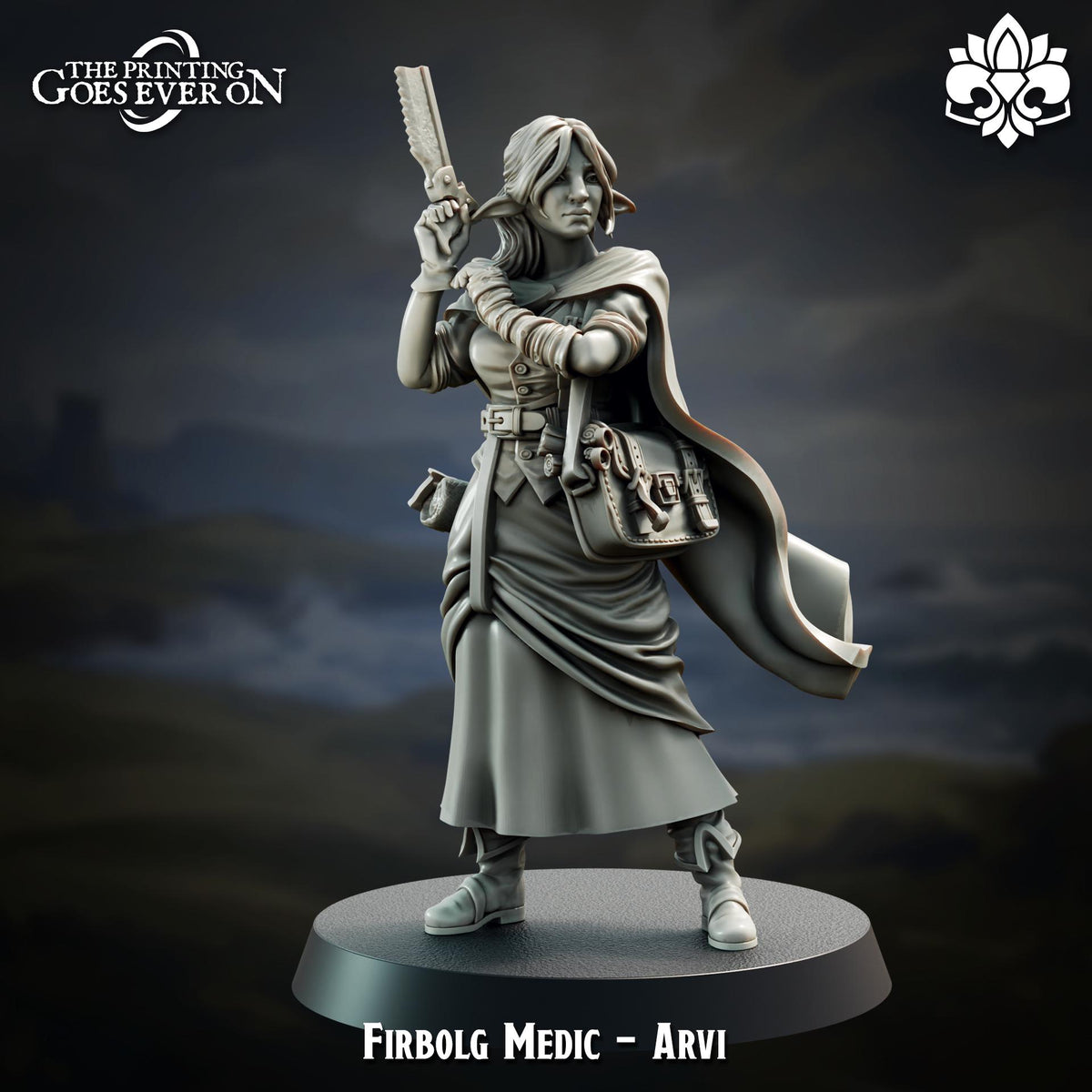 a female character with a sword and a bag, standing in a dramatic pose against a dark background.