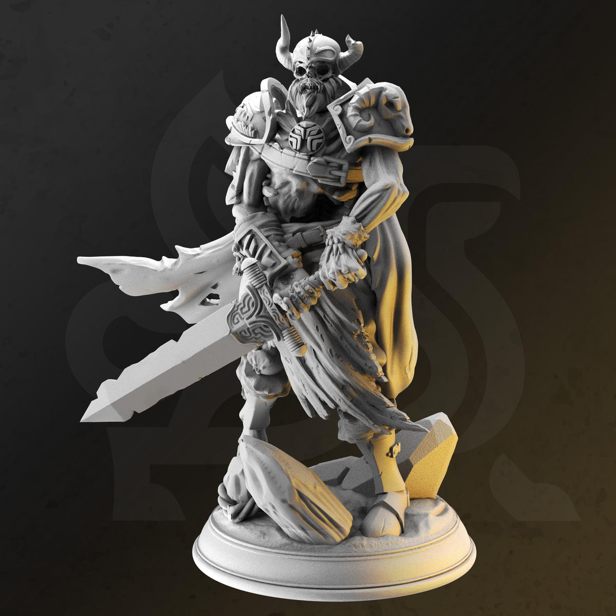 A detailed 3D rendering of a warrior figure, wearing a helmet with horns and wielding a sword, standing on a pedestal.