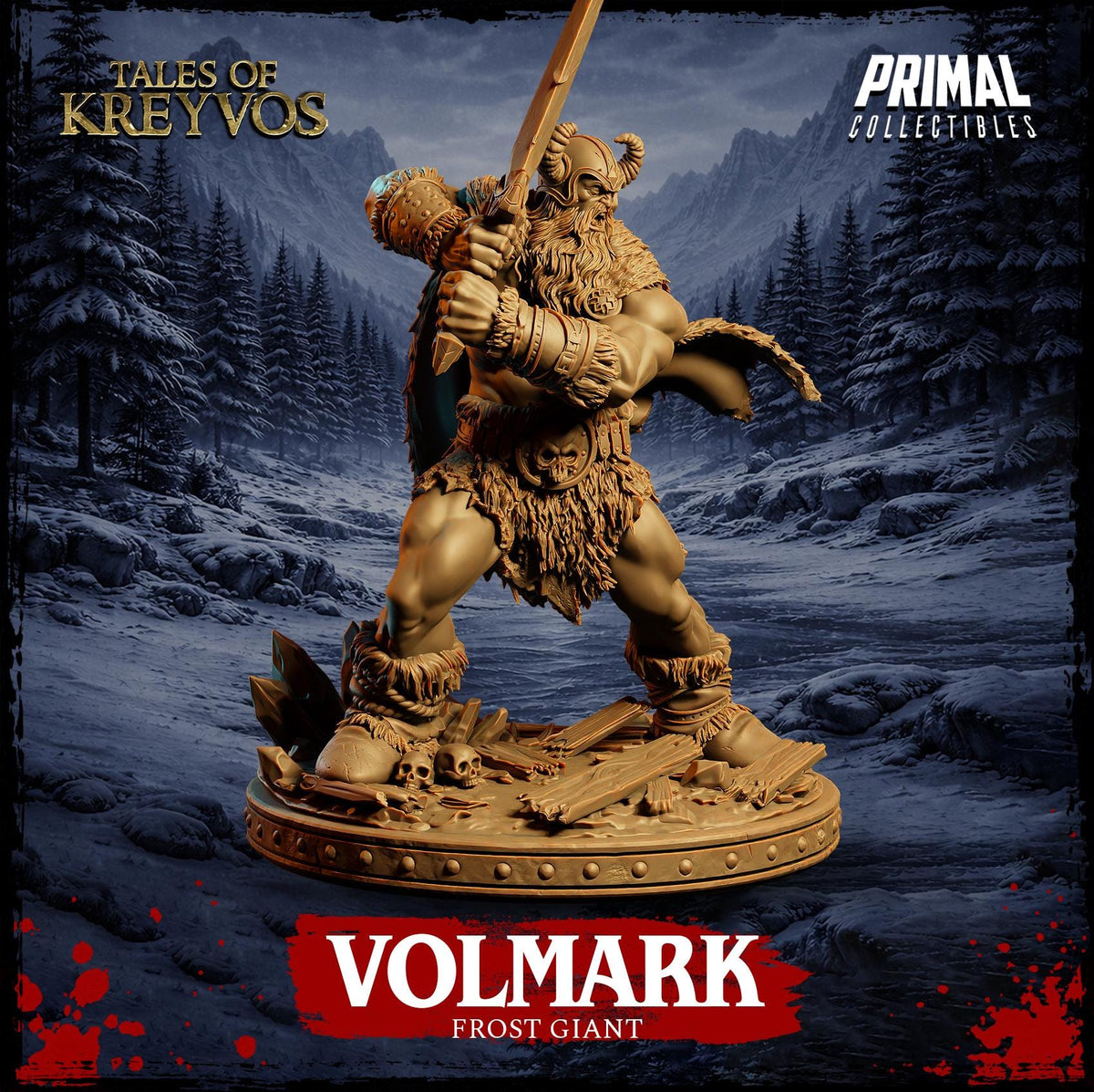 a large, bearded warrior figure holding a sword and standing on a platform. The background depicts a snowy, mountainous landscape. The text "VOLMARK FROST GIANT" is prominently displayed, indicating the name of the character.