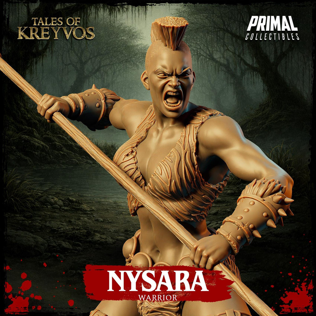 a warrior figure with a large weapon, wearing a distinctive hairstyle and armor, standing in a dark, forested environment.