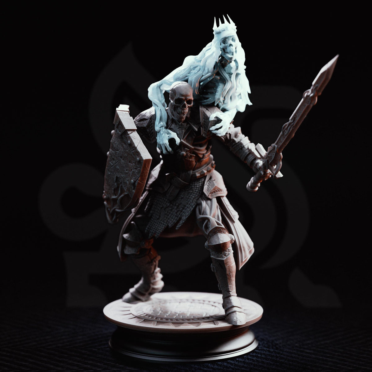 A dark, moody statue of a warrior figure with a crown, holding a sword and shield, standing on a pedestal against a dark background.