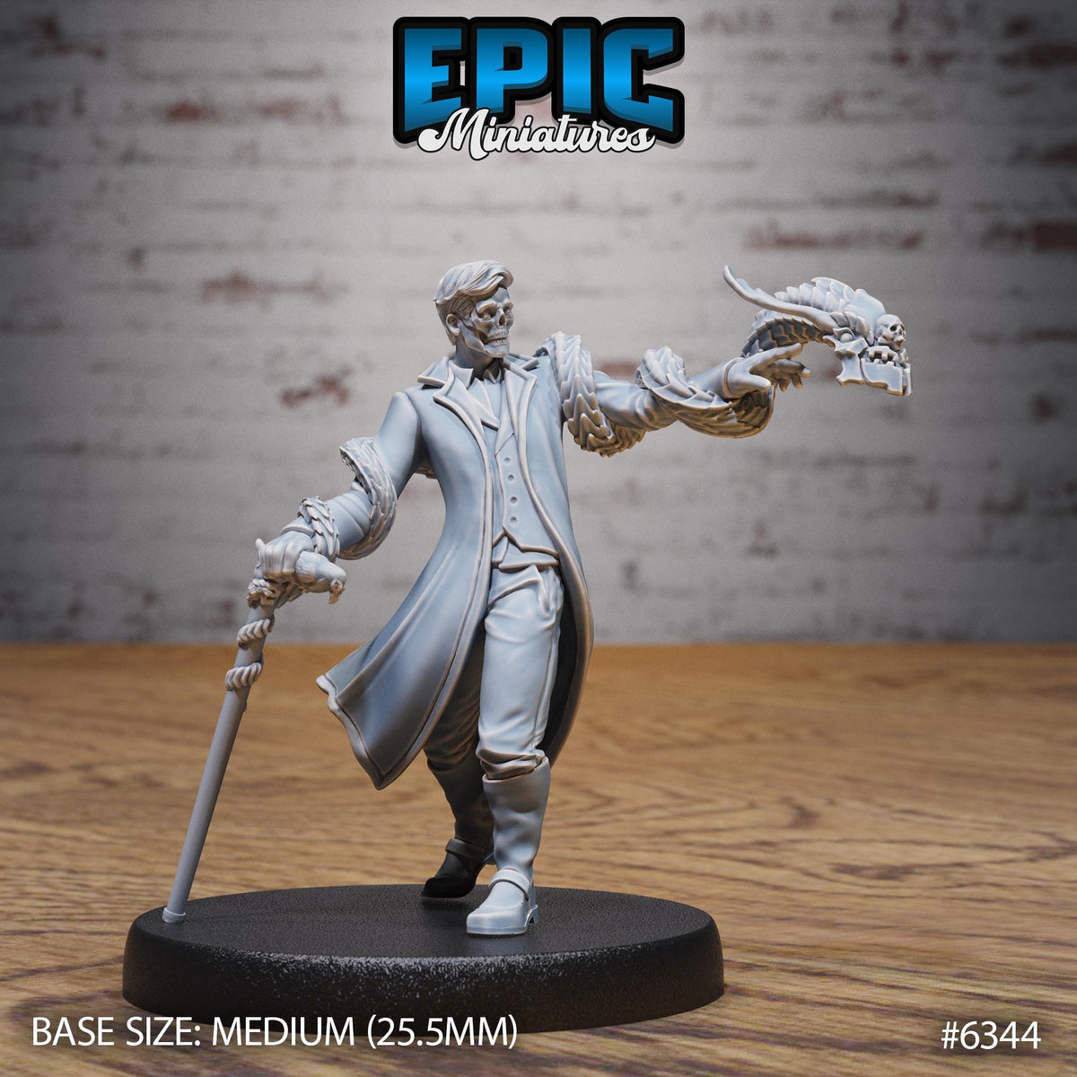A figurine of a man in a long coat and hat, holding a staff and a large horn, standing on a black base.
