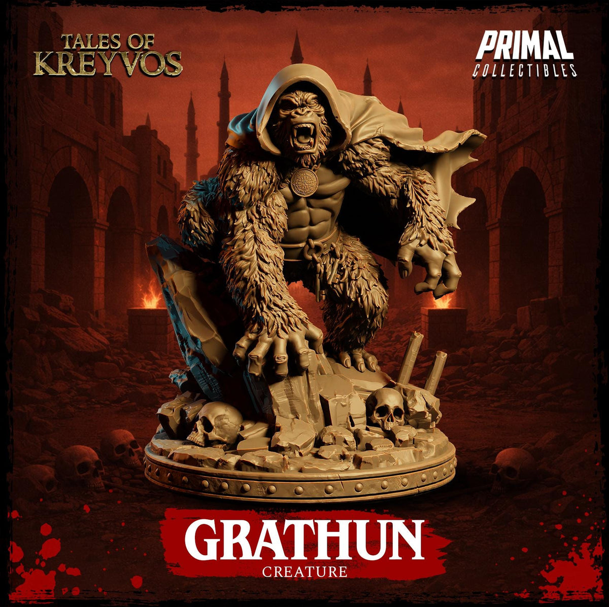 a large, hairy creature with a hooded cloak, possibly a gorilla or a similar animal, standing on a platform and appearing to be in a fighting stance.