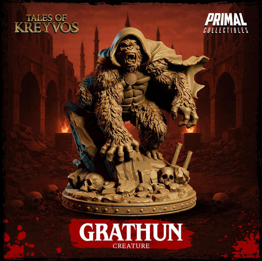 a large, hairy creature with a hooded cloak, possibly a gorilla or a similar animal, standing on a platform and appearing to be in a fighting stance.