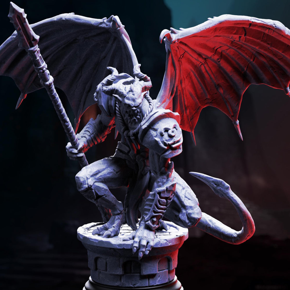A detailed 3D rendering of a fierce-looking dragon statue with wings spread wide, holding a weapon in its right hand.