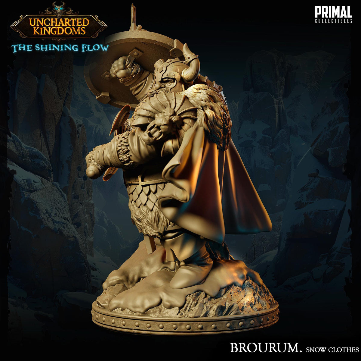 A detailed 3D model of a fantasy character, likely a warrior or knight, standing in a snowy, mountainous environment. The character is wearing a cape and has a large shield on their back. The background features a dark, rocky landscape with a cave-like opening.