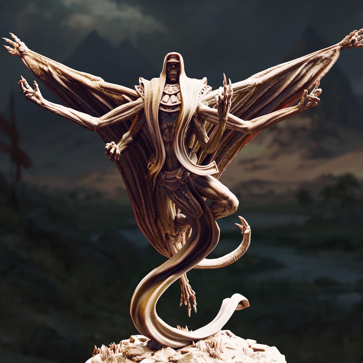 A detailed sculpture of a winged, armored figure with a long, coiled tail, set against a dark, mountainous landscape.