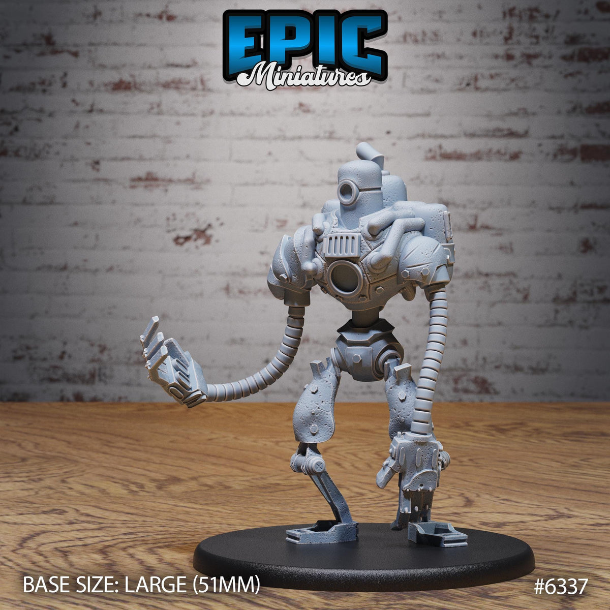 A 3D model of a robot or mechanical figure, likely a miniature or toy, displayed on a wooden surface against a brick wall background.