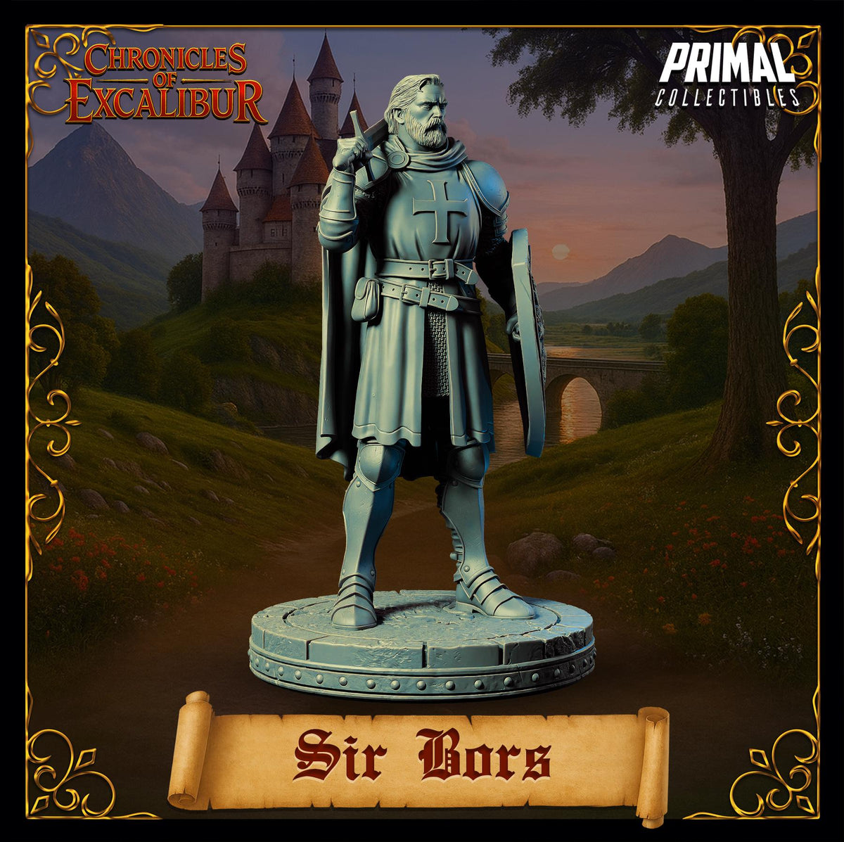 A statue of a knight in armor, standing in front of a castle and a landscape with mountains in the background.