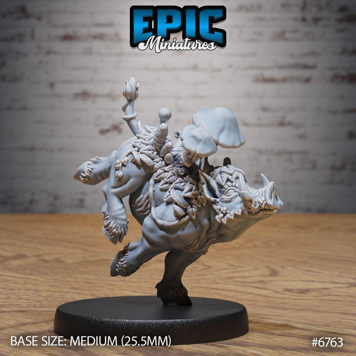 a detailed miniature figurine of a fantastical creature, possibly a dragon or a unicorn, riding on a horse-like vehicle. The figurine is placed on a black base, and the image is labeled with the text "BASE SIZE: MEDIUM (25.5MM)" and "#6763".