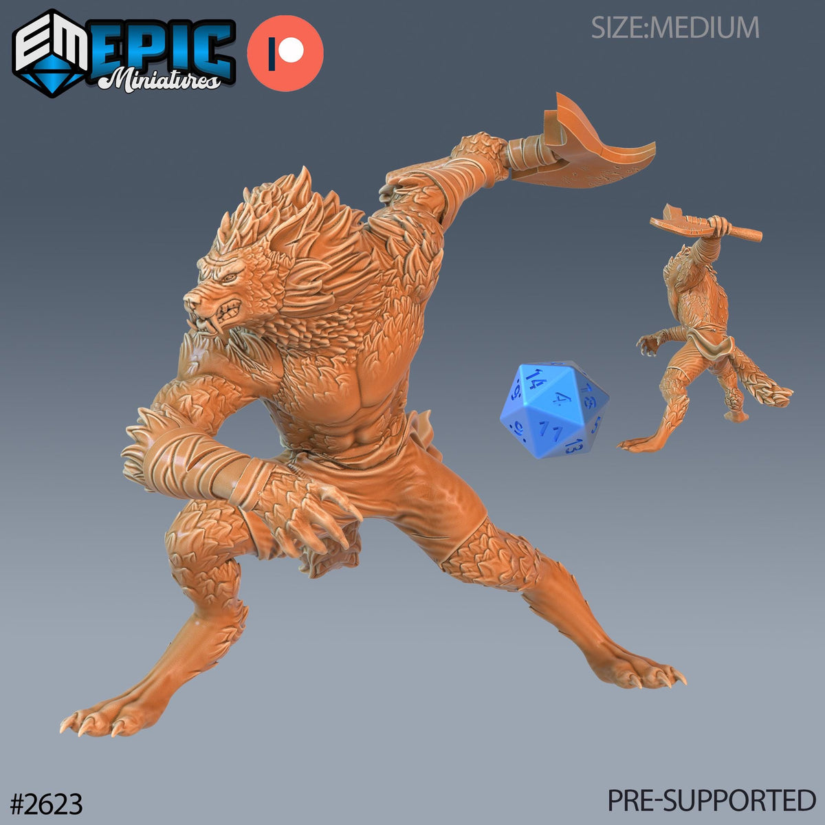 a 3D model of a fantasy creature, possibly a wolf or a dragon, with a blue dice in the background. The creature is depicted in a dynamic pose, with its arms and legs spread out. The image is labeled as a "PRE-SUPPORTED" version, indicating that it has been provided and is ready for use.