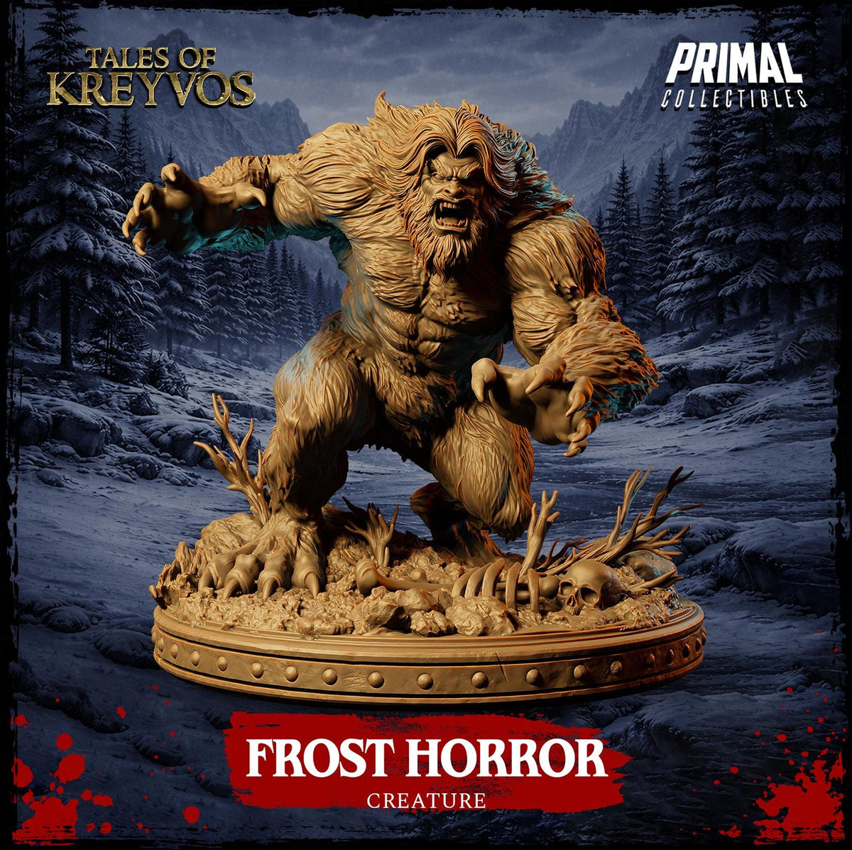 A large, detailed, and imposing creature resembling a monster or a monster-like being, with sharp teeth and claws, standing on a platform and appearing to be in a fighting stance. The creature is surrounded by a snowy, forest-like environment, and the background features a dark, moody atmosphere.