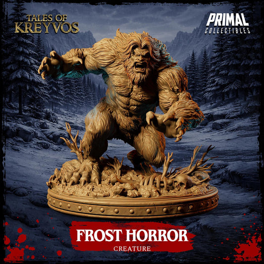 A large, detailed, and imposing creature resembling a monster or a monster-like being, with sharp teeth and claws, standing on a platform and appearing to be in a fighting stance. The creature is surrounded by a snowy, forest-like environment, and the background features a dark, moody atmosphere.