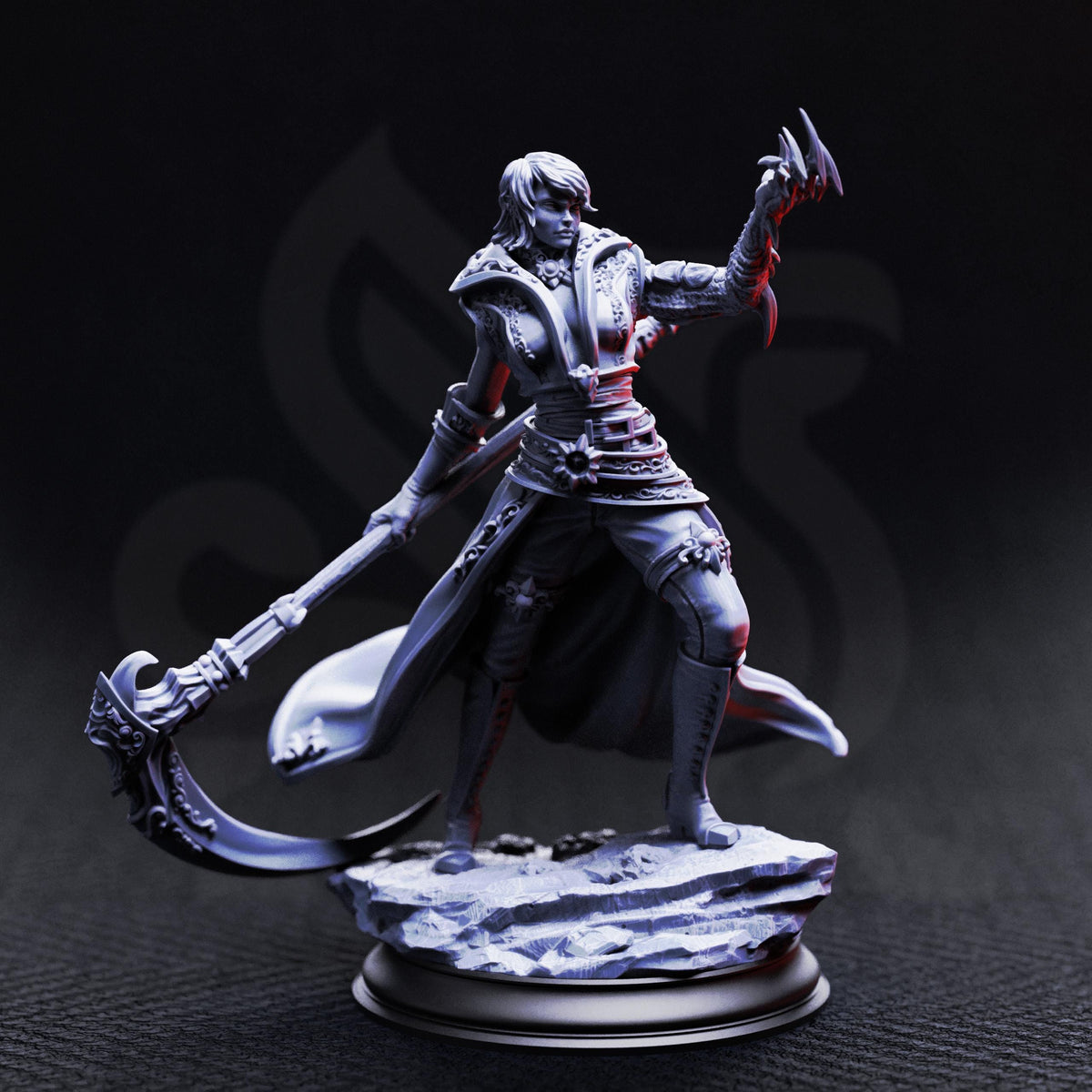 A detailed 3D model of a female warrior figure wielding a large weapon, standing on a rocky base against a dark background.