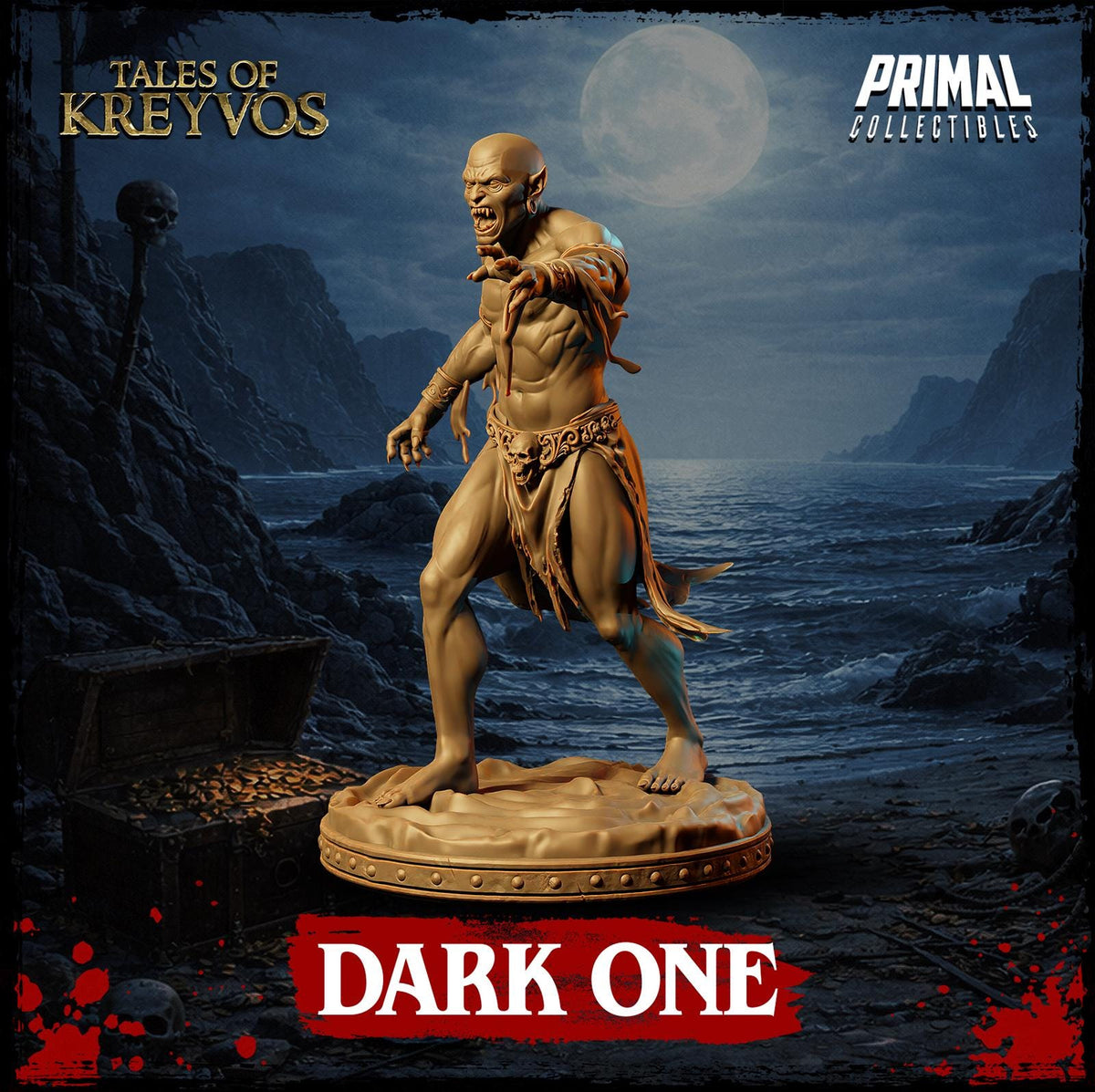 A golden, muscular fantasy creature with a fierce expression stands on a pedestal, with a skull and a skull-like object in the background. The creature appears to be a dark one, and the image is titled "Dark One" with a "Tales of Kreyvos" theme.