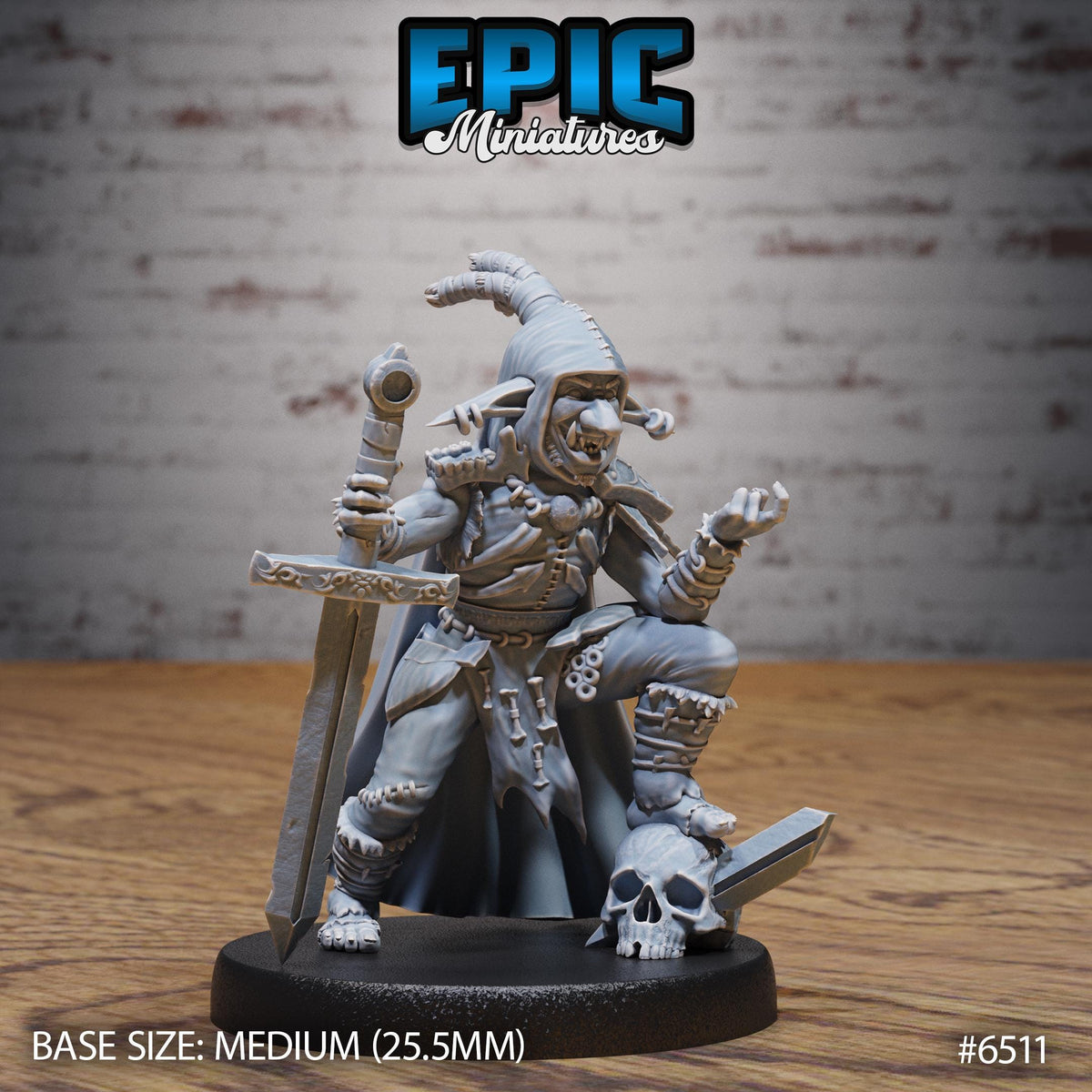 A figurine of a jester or trickster character, likely from the video game Epic Miniatures, is displayed on a wooden surface.