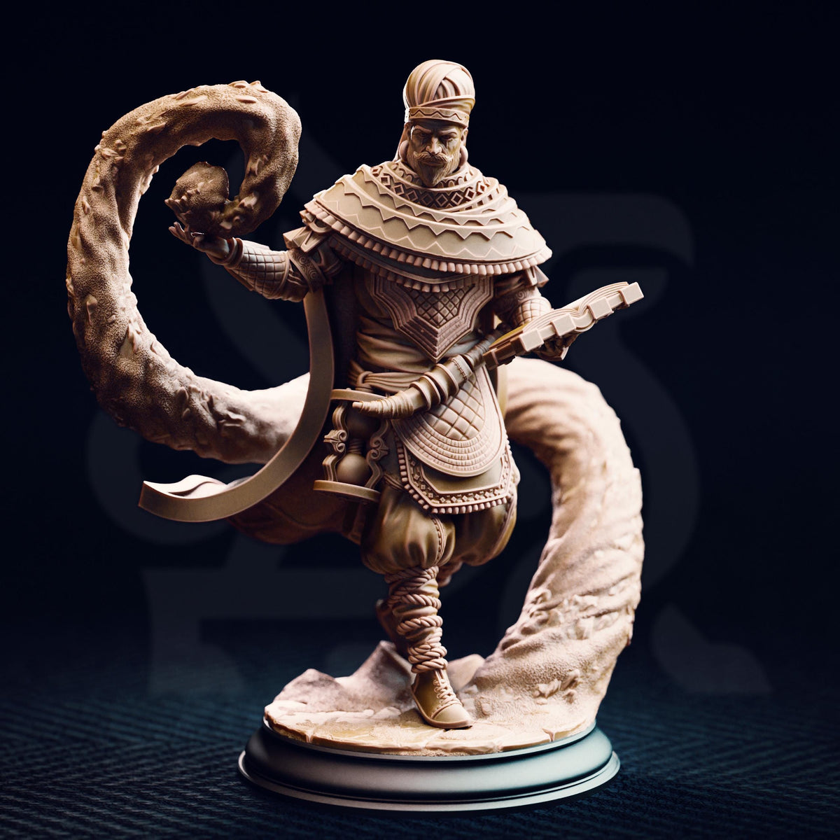 A detailed 3D model of a warrior figure, holding a weapon and standing on a pedestal.