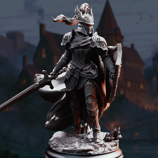 A detailed 3D model of a knight in armor, standing in a dark, fantastical setting with a castle in the background.