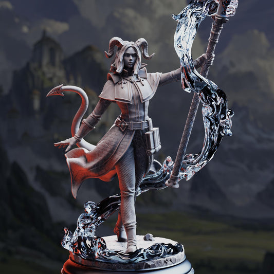 A detailed 3D rendering of a fantasy character, likely a deity or magical being, standing on a pedestal and holding a staff or staff-like object. The character has horns, a flowing robe, and is surrounded by a swirling, ethereal element.