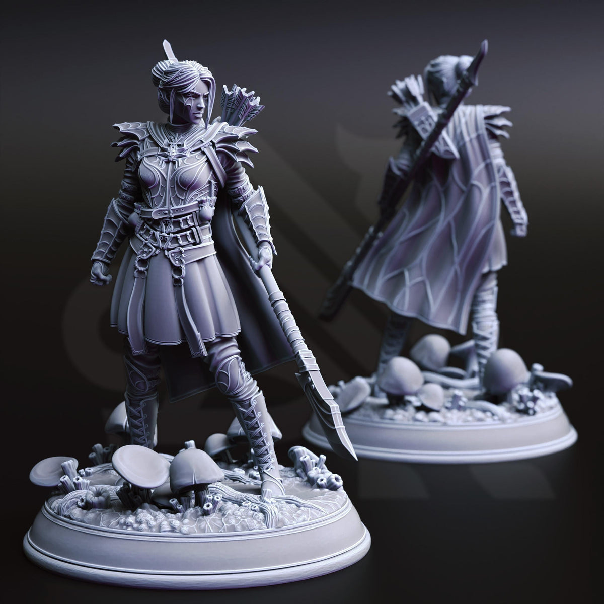 two detailed figurines of female characters, each standing on a base and holding various weapons.