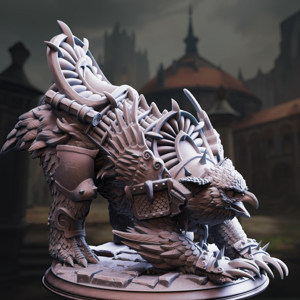 A detailed 3D model of a fantastical creature, possibly a dragon or mythical beast, with intricate armor and weapons. The creature is standing on a platform and appears to be in a fighting stance, ready for battle. The background features a dark, atmospheric setting with a castle or palace-like structure visible in the distance.