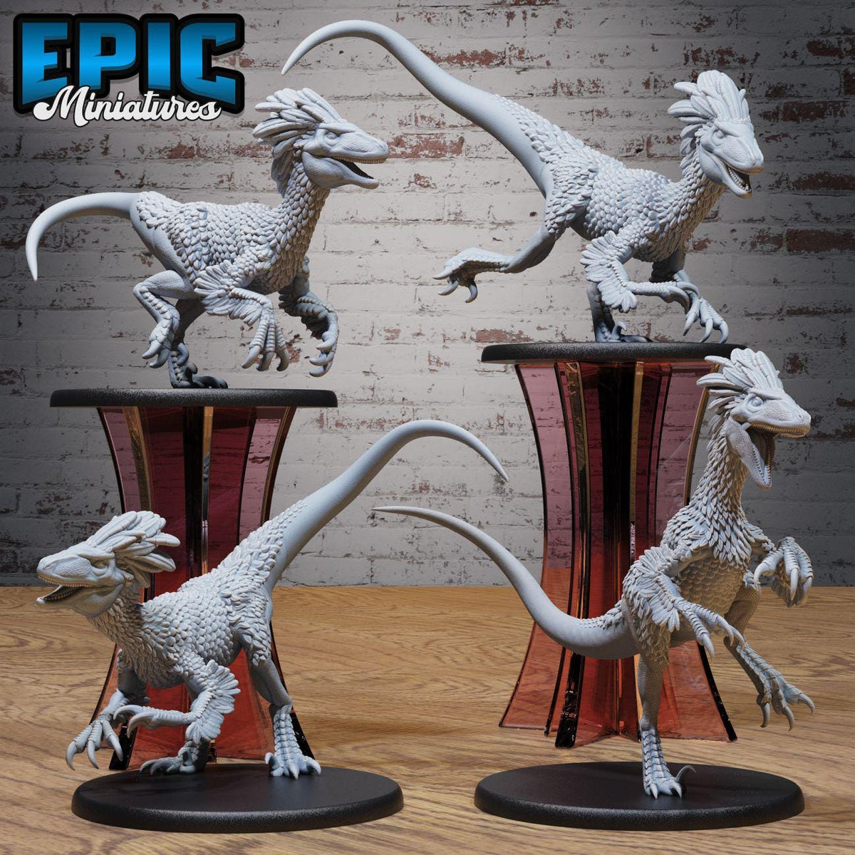 four detailed figurines of dinosaurs or prehistoric creatures, each in a different pose and position, displayed on stands against a brick wall background.