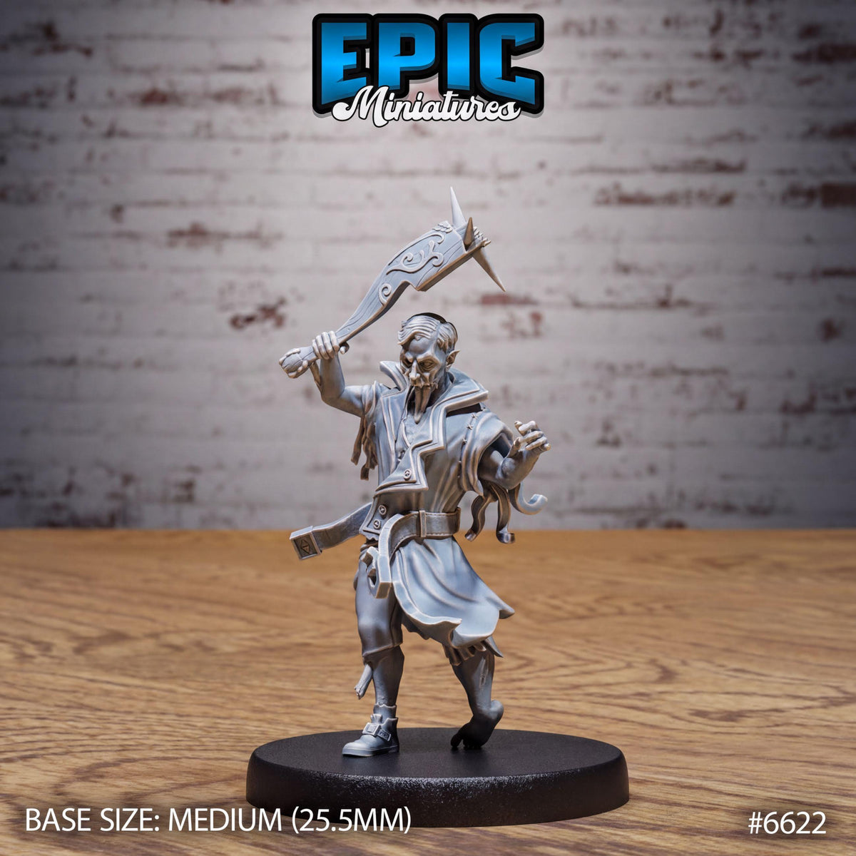 A figurine of a character from the video game Epic Miniatures, standing on a black base and holding a sword.