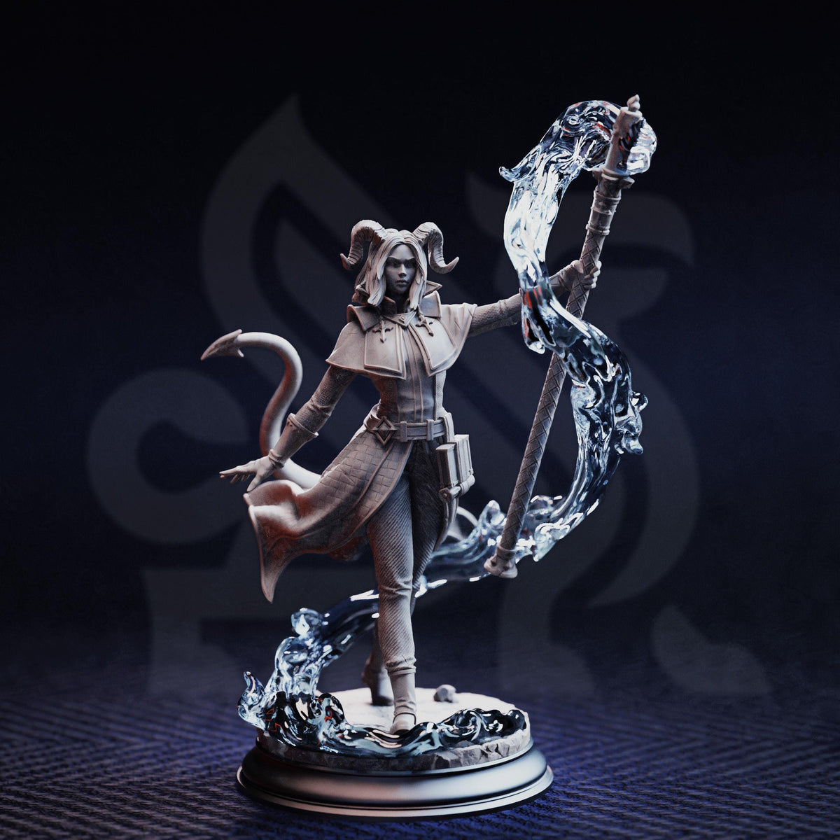 A detailed 3D model of a female character with horns, holding a staff and surrounded by water-like elements, set against a dark background.
