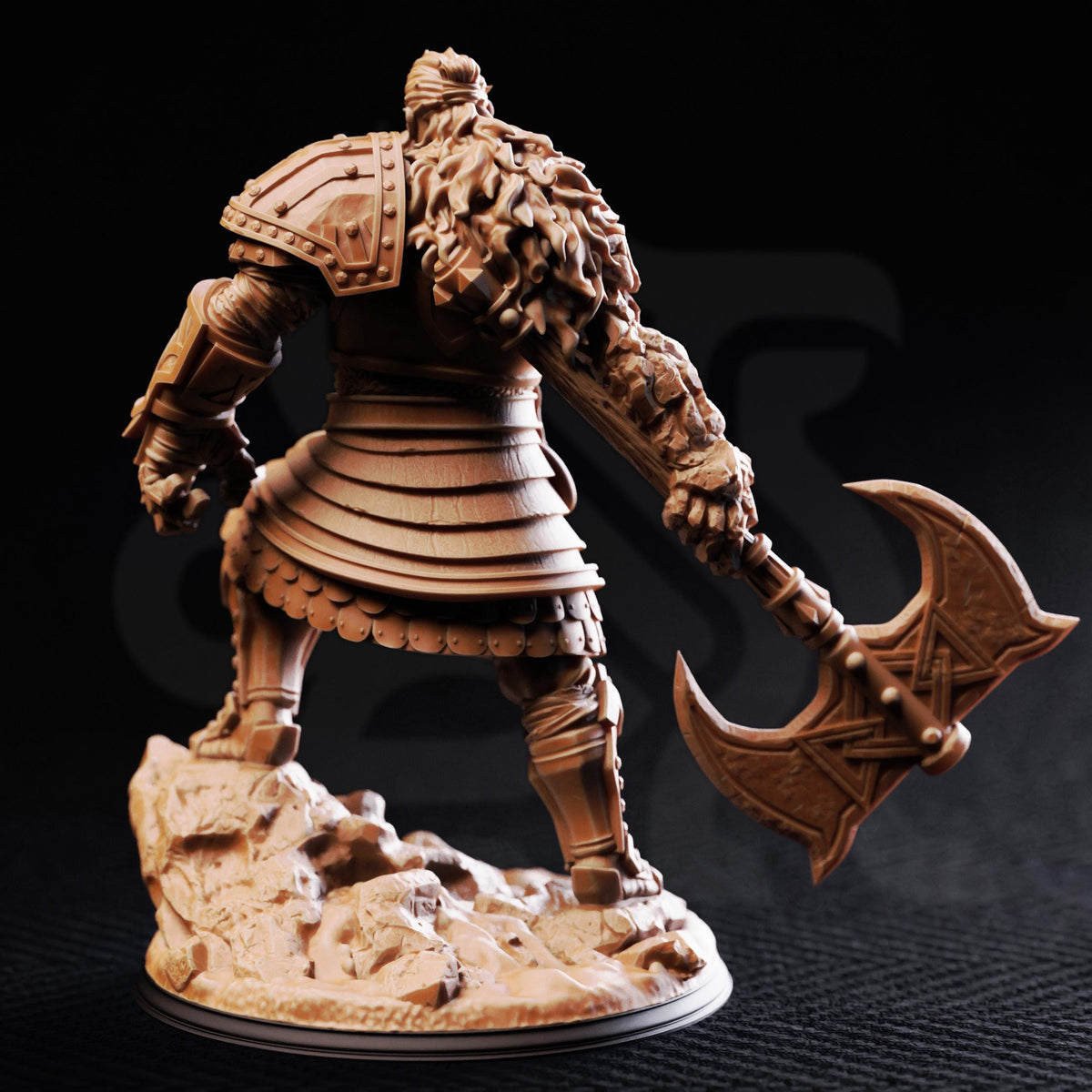 A detailed 3D model of a warrior figure, wearing a heavily armored and battle-ready outfit, holding a large weapon.