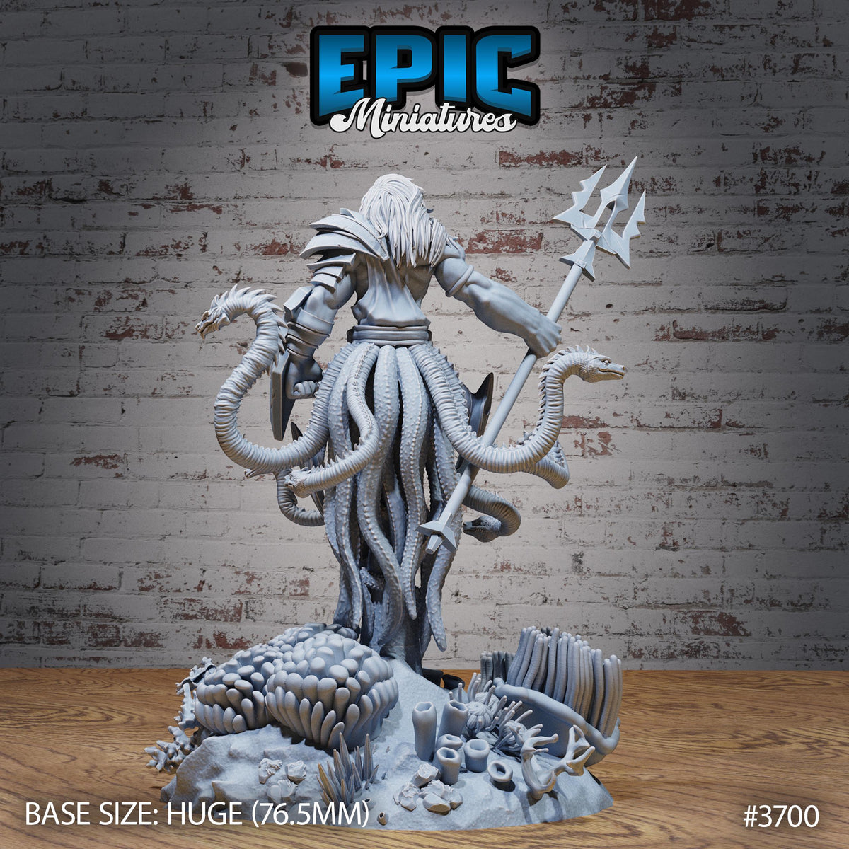 a statue of a mythical creature with multiple tentacles, standing on a base and holding a trident. The statue is described as a "base size: huge (76.5mm)" and is numbered #3700.