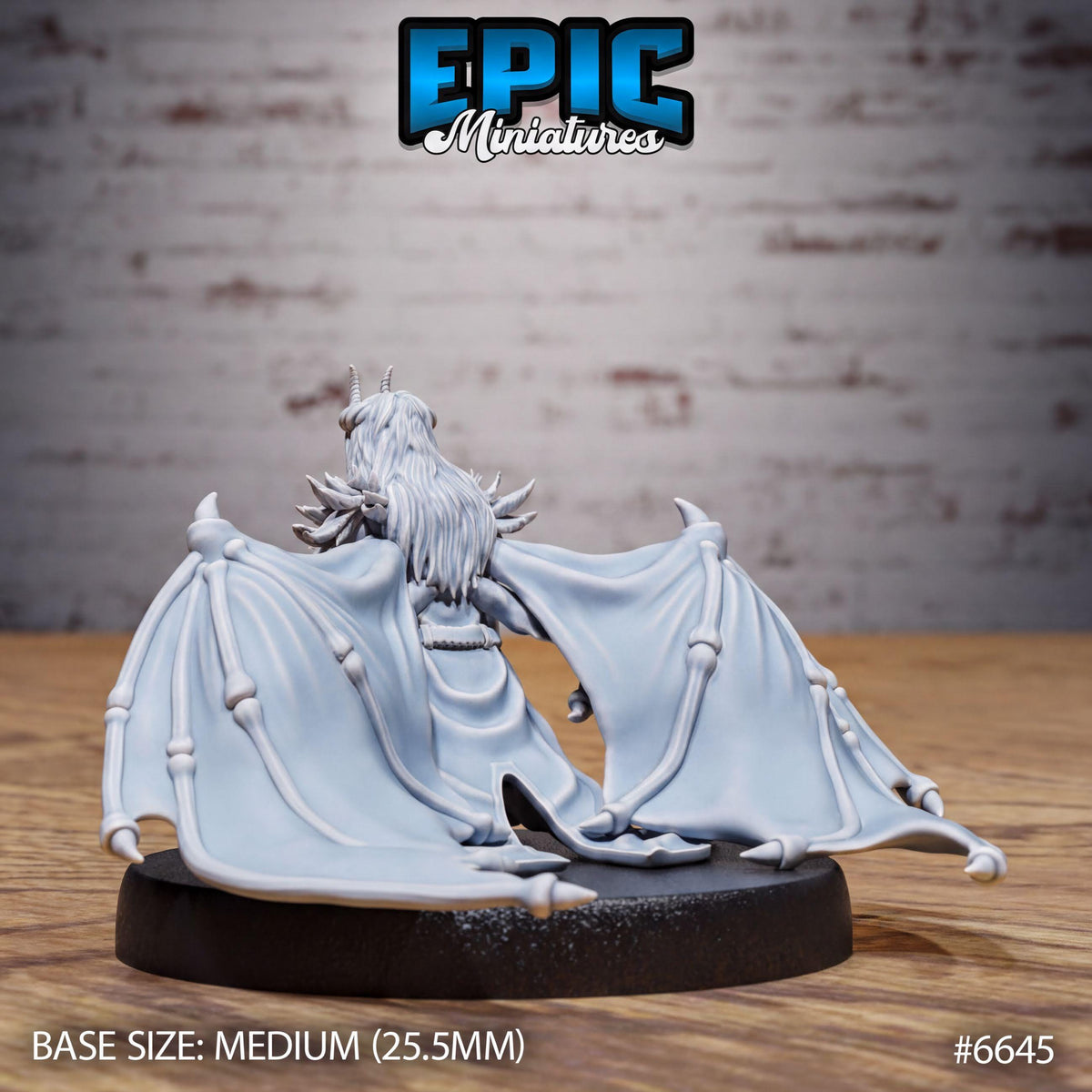 A 3D model of a winged creature with long hair, displayed on a black base. The creature appears to be a fantasy or fantasy-inspired character, possibly a dragon or a winged creature. The image is labeled with the text "Epic Miniaturies" and "BASE SIZE: MEDIUM (25.5MM)" indicating the size and material of the model.