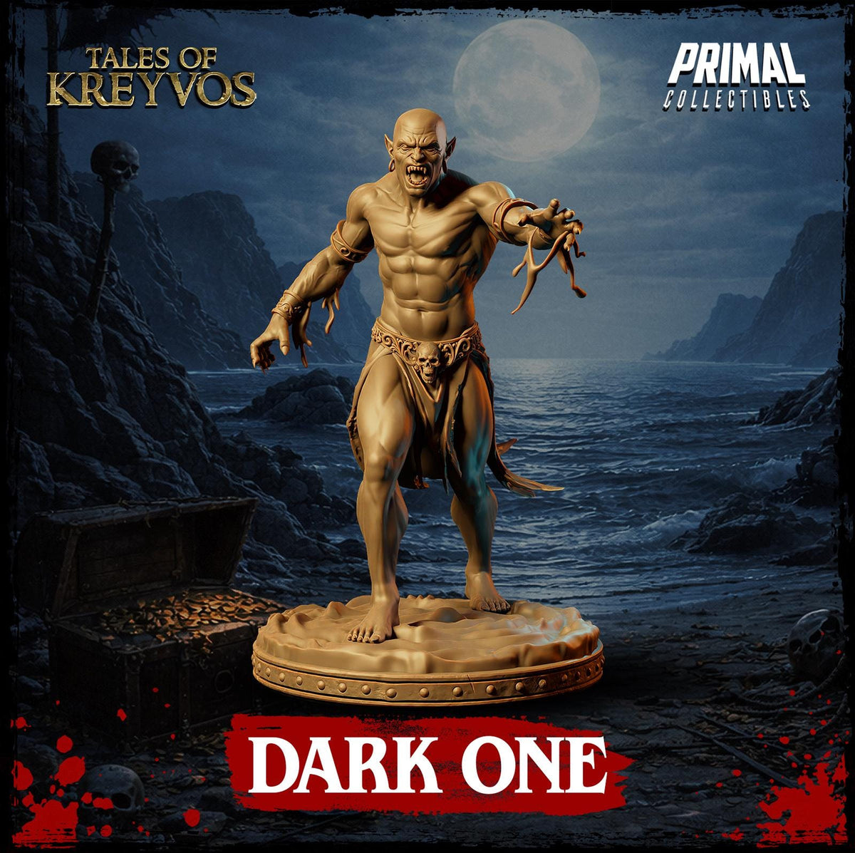 A golden statue of a muscular, bearded figure with a fierce expression stands on a pedestal against a dark, stormy background with a full moon.