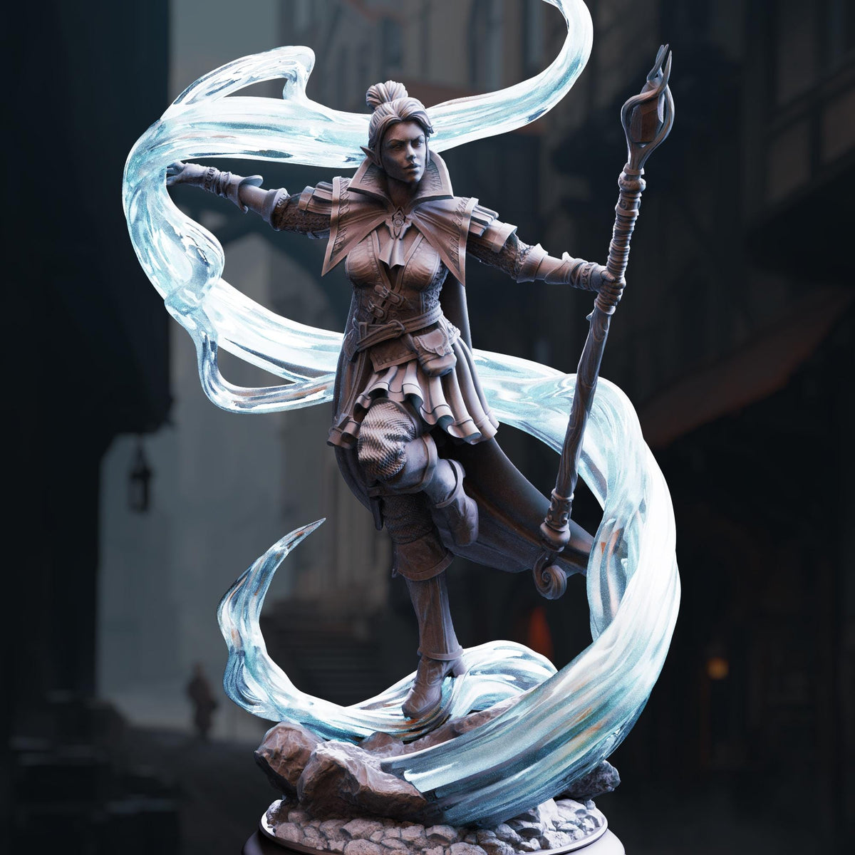 A detailed 3D model of a female warrior figure wielding a staff and surrounded by swirling blue energy.