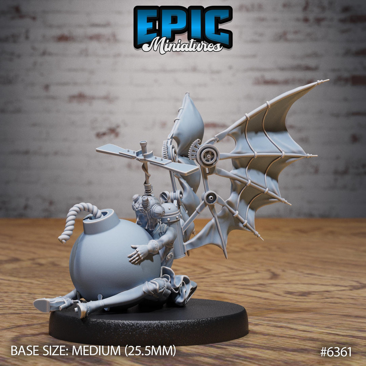 a miniature figurine of a robot or mechanical figure, sitting on a base and holding a large object, possibly a bomb or a spherical object. The image is described as a "MEDIUM" size, with a base size of 25.5 millimeters. The image is part of the "EPIC MINIATURES" collection, as indicated by the text at the top of the image.