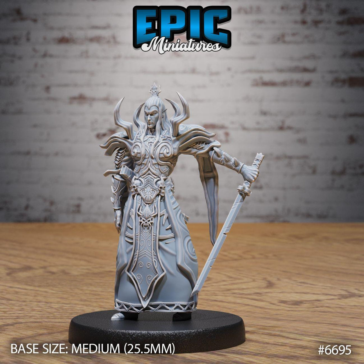 A detailed figurine of a warrior standing on a black base, holding a sword and wearing ornate armor. The figurine is set against a brick wall background.