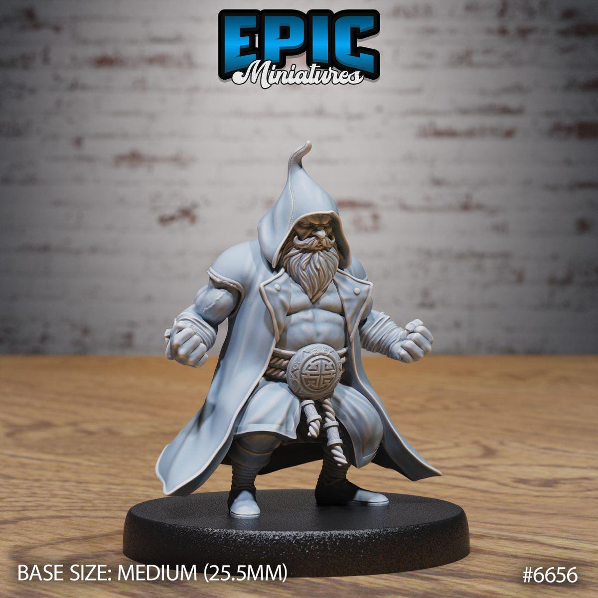 A figurine of a bearded dwarf wearing a hooded cloak, standing on a black base.