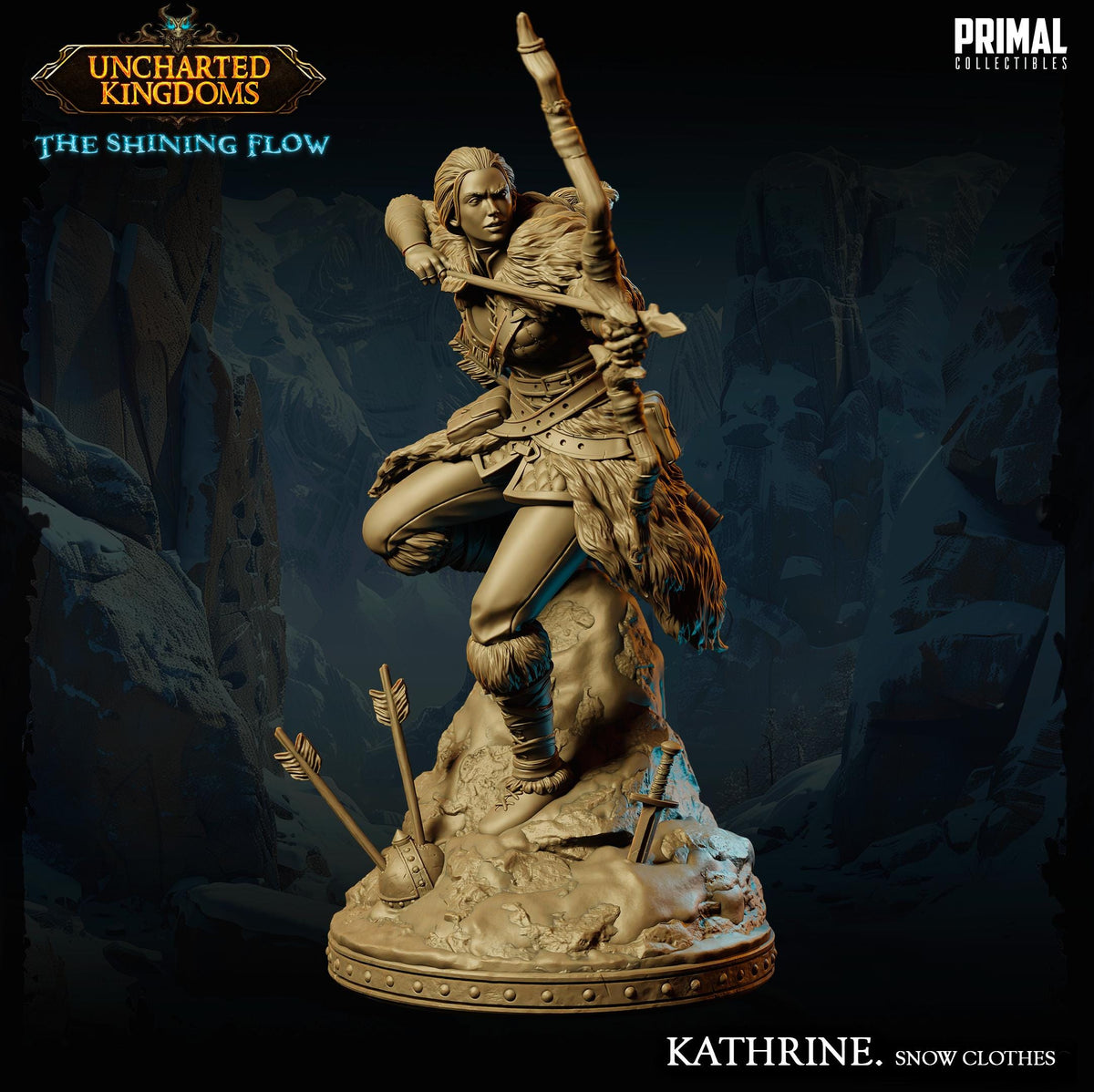 A bronze statue of a warrior figure, likely from the video game "Uncharted Kingdoms: The Shining Flow", standing on a rocky outcrop and holding a bow and arrow.