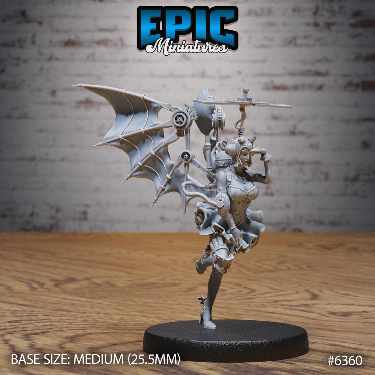 A figurine of a winged, mechanical female character with wings and various mechanical components, displayed on a black base.